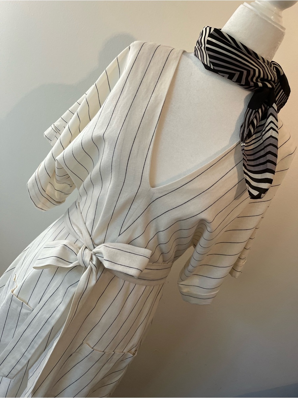 Striped V-Neck Belted Midi Dress - Cream with Black Pinstripes